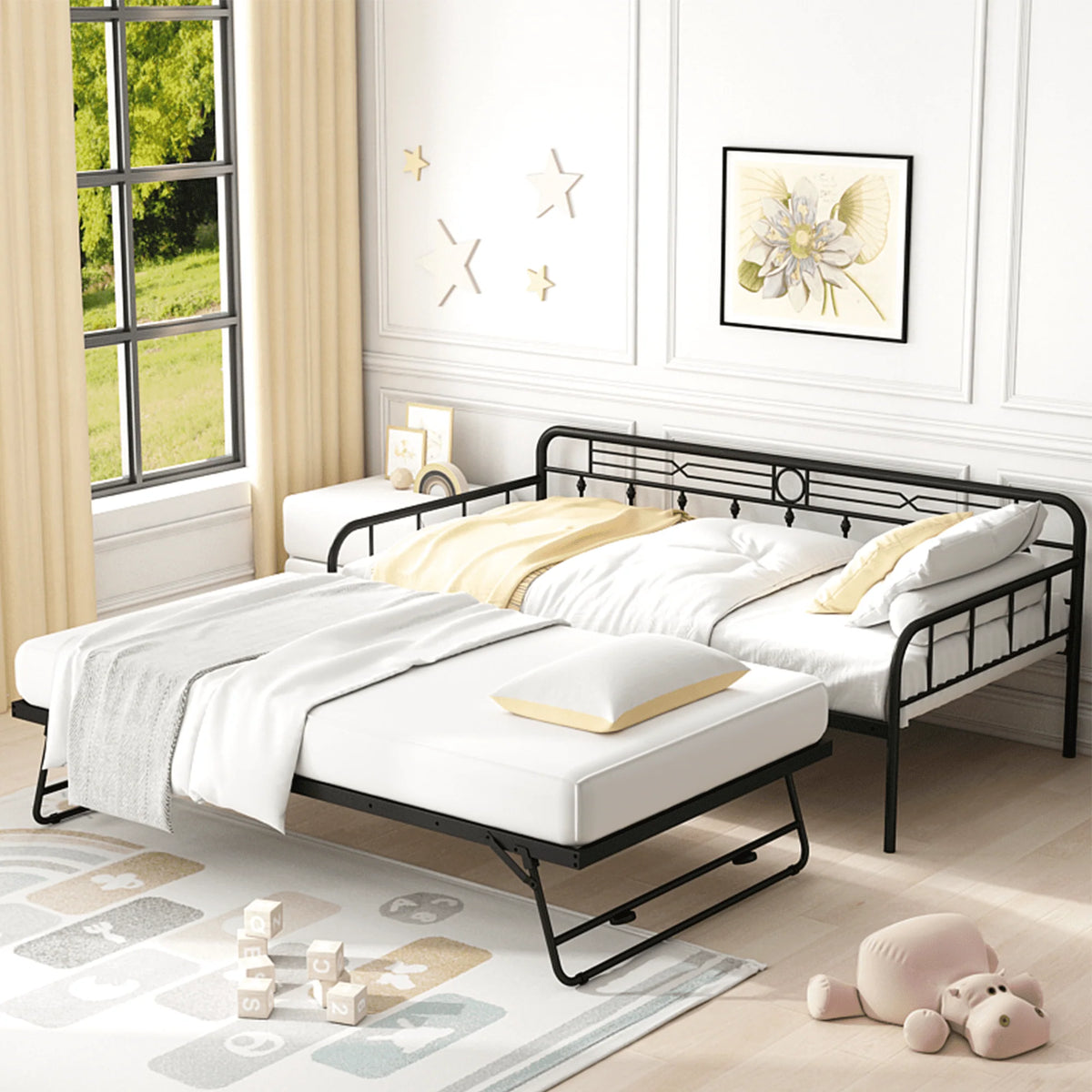 Sesslife Metal Daybed with Adjustable Trundle, Twin Size Daybed with Twin Size Pop up Trundle Bed, Heavy - Duty Sofa with Portable Folding Trundle